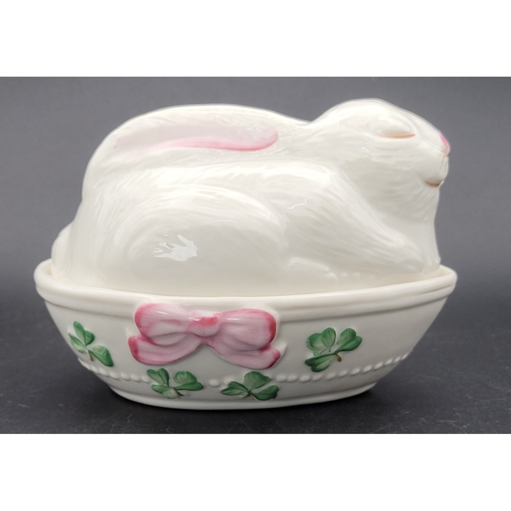 Belleek Ireland Bunny Covered Trinket Box Shamrock Porcelain Rabbit Dish